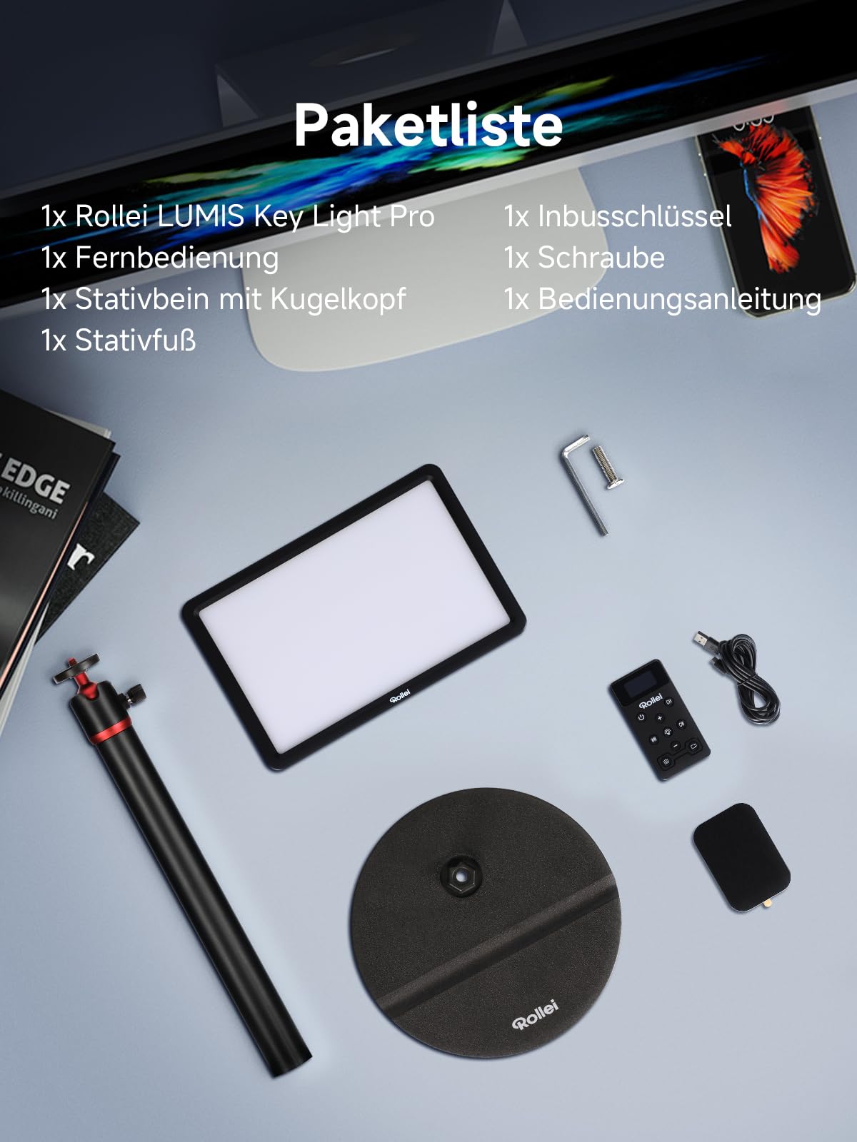 Rollei Lumis Key-Light, LED video light including table tripod and a remote control on the cable. Large bi-color desktop light with 192 dimmable LEDs (96 warm white + 96 cool white) - 28623