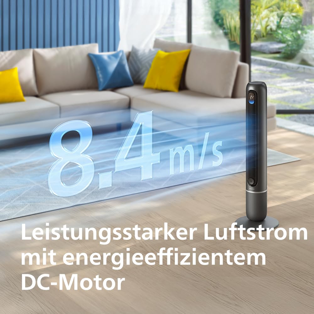 Philips Smart Tower Fan 7000 Series - 8.4 m/s strong, ultra-quiet 22 dB, energy efficient, app & remote control, WiFi, 12 levels, sleep mode, temp display, 12-hour timer, 80° oscillation (CX7550/01)
