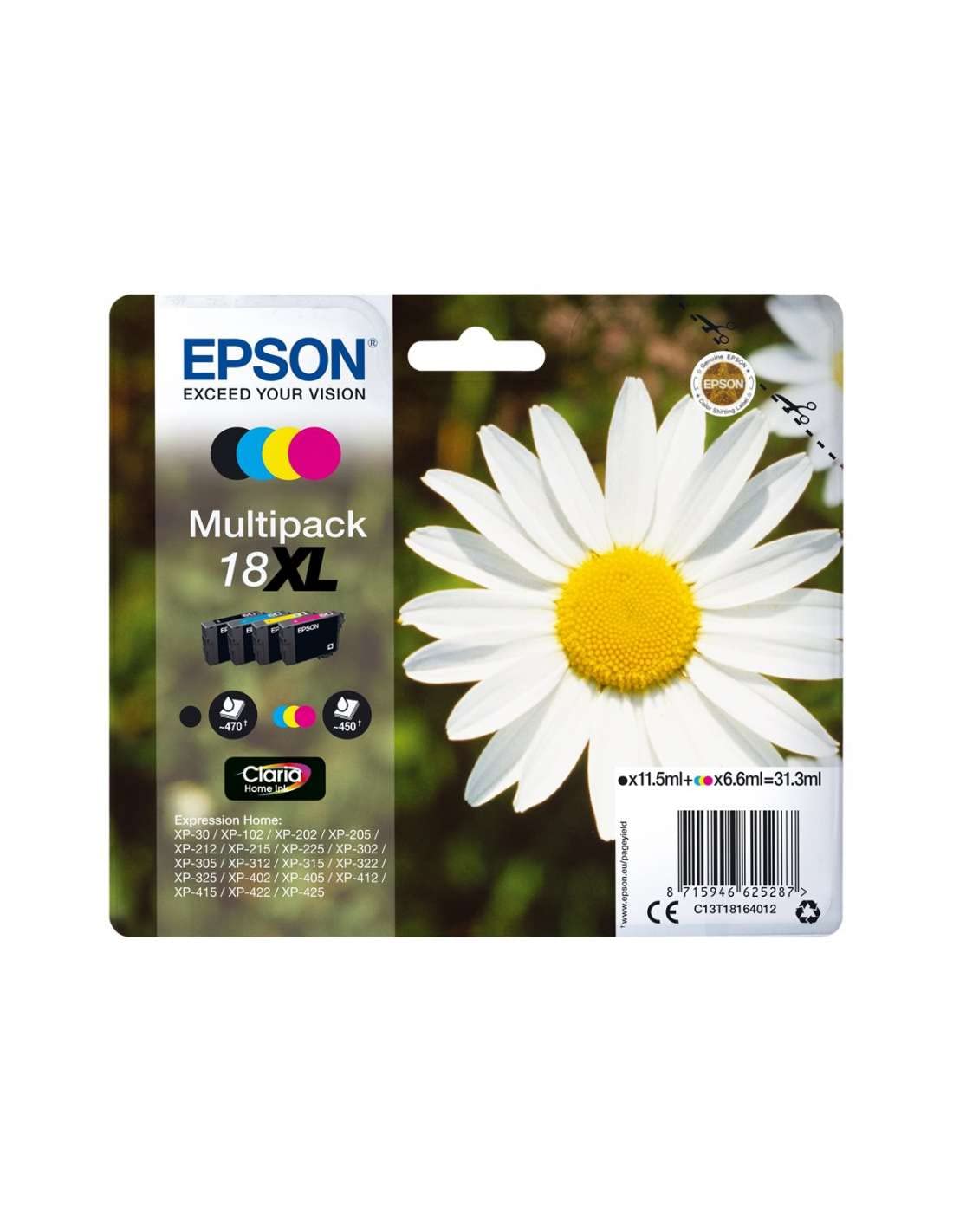 Epson 18XL Daisy High Yield Genuine Multipack, 4-colours Ink Cartridges, Claria Home Ink - C13T18164012