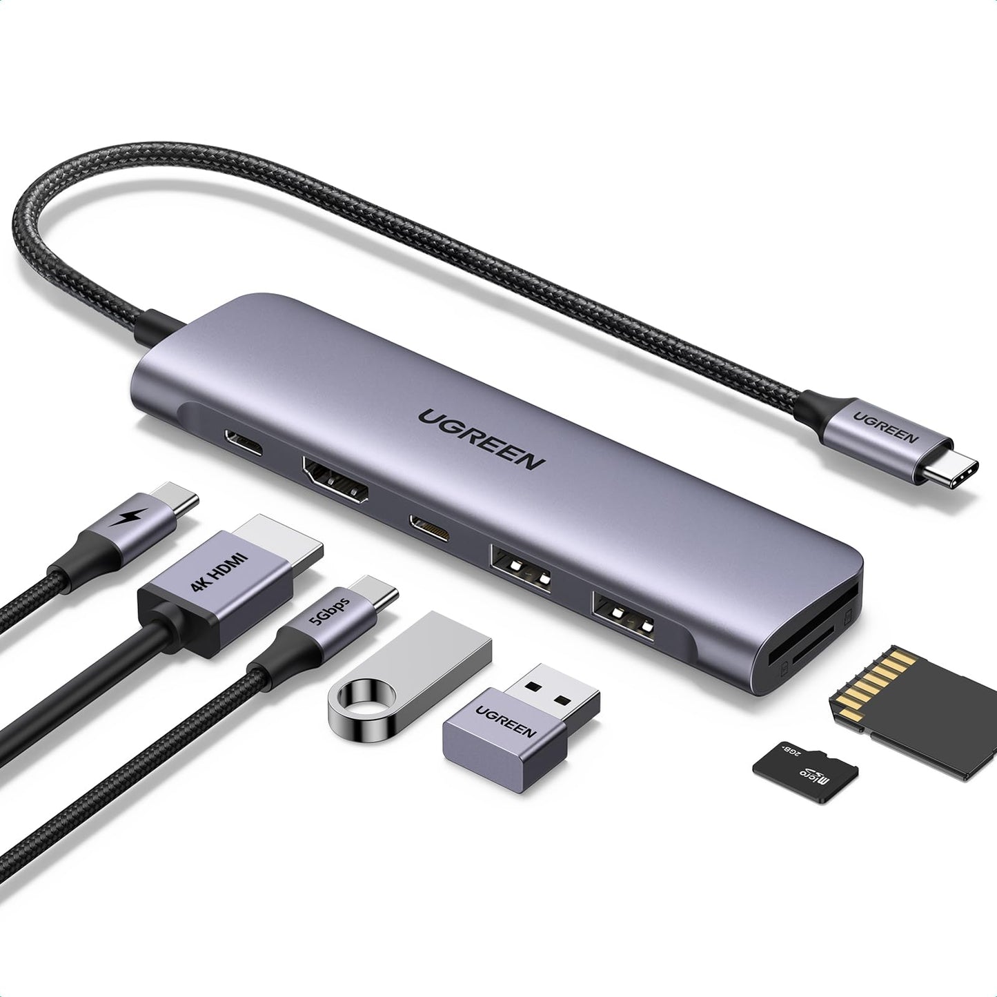 UGREEN Revodok 1071 USB C Hub HDMI 4K, PD 100W, USB 3.0 data ports, SD/TF card reader multiport adapter compatible with iPhone 17/16, MacBook Neo, iPad, Surface Laptop, Galaxy S24, Steam Deck etc. - 15214