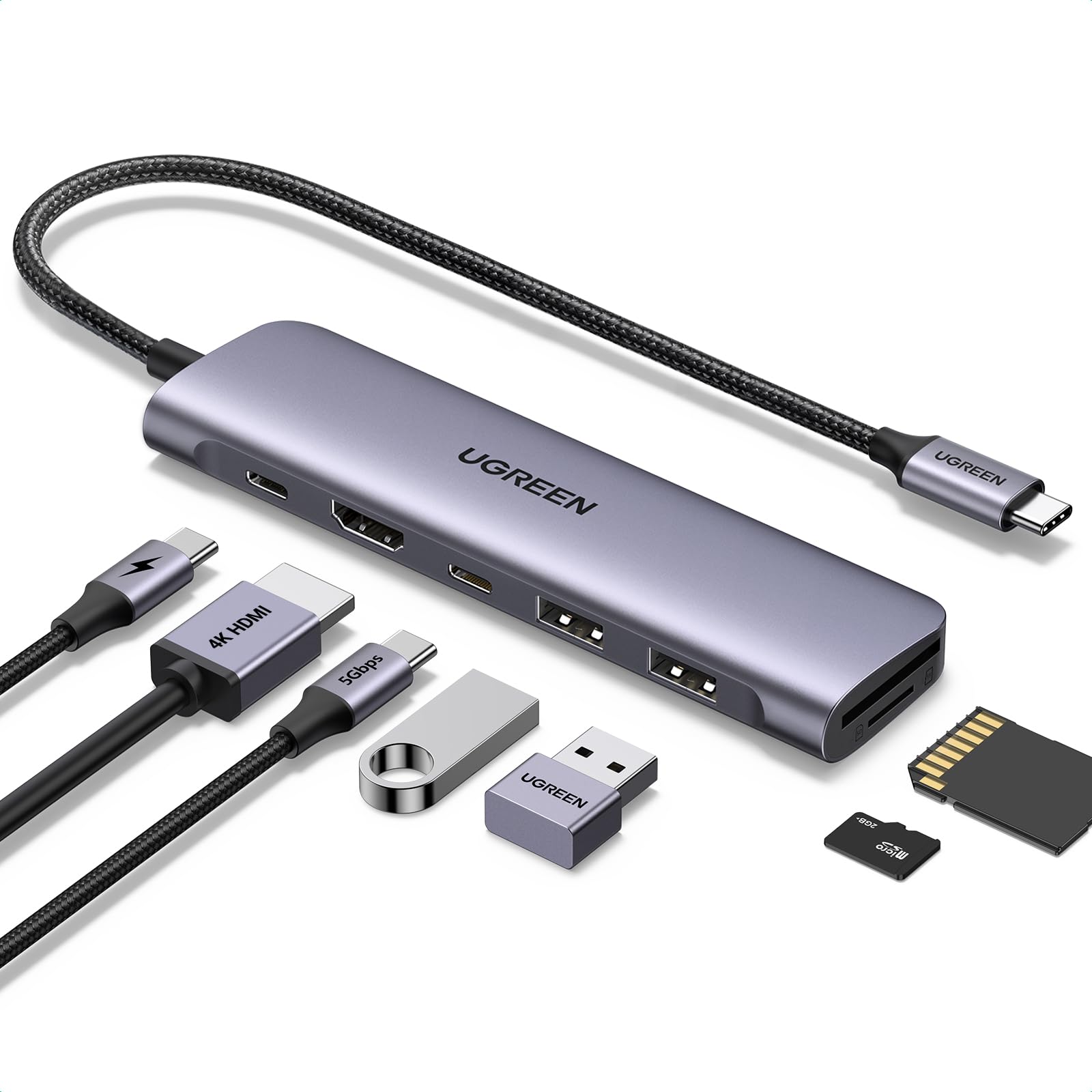 UGREEN Revodok 1071 USB C Hub HDMI 4K, PD 100W, USB 3.0 data ports, SD/TF card reader multiport adapter compatible with iPhone 17/16, MacBook Neo, iPad, Surface Laptop, Galaxy S24, Steam Deck etc. - 15214