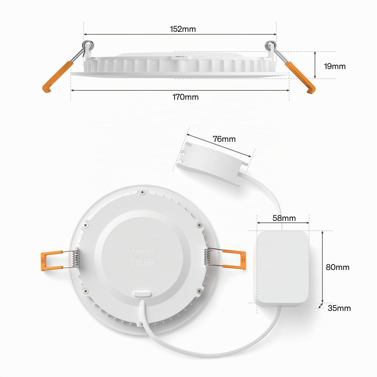 Philips Hue Slim Downlight, spot încastrat cu LED, 1.000 lm, 90 mm, design subțire, lumină de zi cu spectru complet 1.000–20.000 K, dimabil continuu, culoare precisă, iluminat inteligent, alb, pachet de 3 buc. - 929004291201