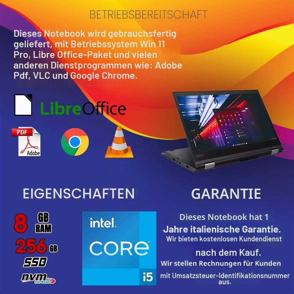 Lenovo, Notebook Intel Core i5, Notebook with Touch Screen Display, HD 14 inches, RAM 8 GB, SSD 512 GB, Win 11 Pro, Office 2021 Package, Italian Warranty (refurbished) Mouse + 32 GB Pendrive - v15