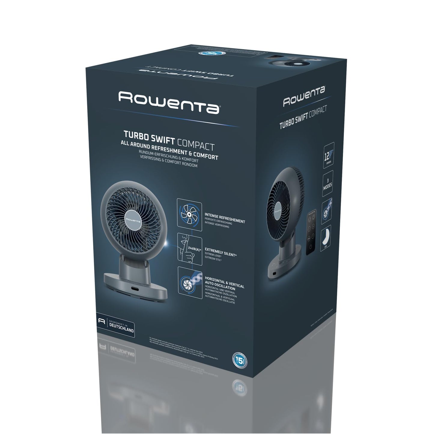 Rowenta Turbo Swift Compact table fan, multi-directional swivel function, up to 50% energy saving, 12 speed levels, 12h timer, compact design, extremely quiet, blue, QV2540F0