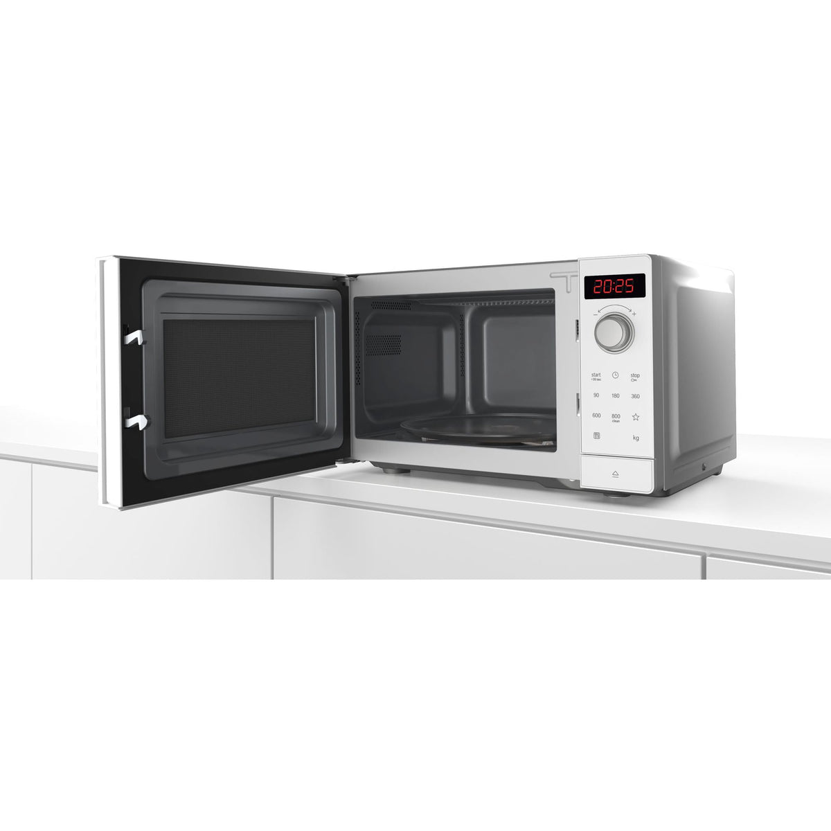 Bosch FFL023MW0 Serie 2 Microwave, 26 x 44 cm, 800 W, Turntable 27 cm, Left Door Hinge, AutoPilot 7 with 7 Automatic Programs, Cleaning Assistance, LED Touch Display, White