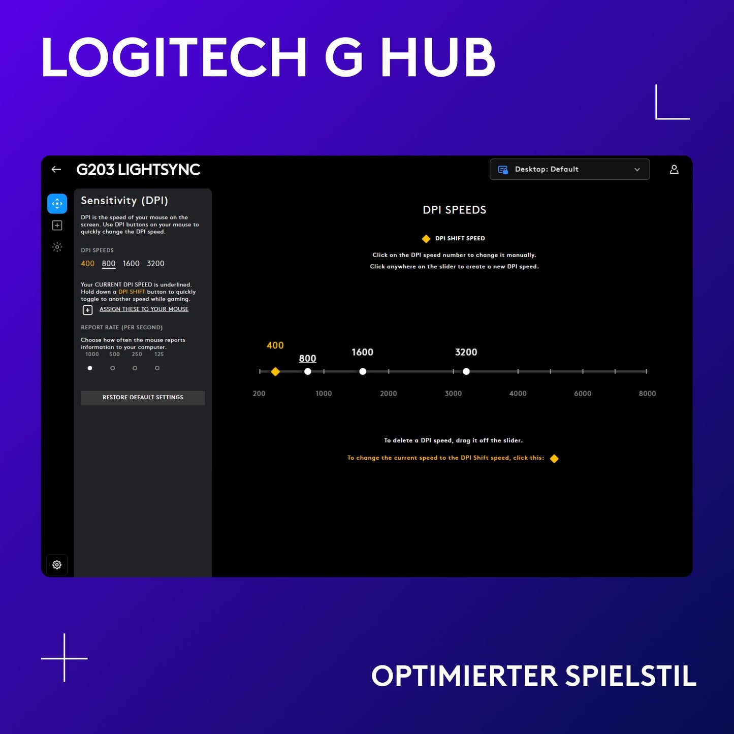 Logitech G203 gaming mouse with customizable LIGHTSYNC RGB lighting, 6 programmable buttons, gaming-ready sensor, 8,000 DPI tracking, light weight - purple - 910-005853
