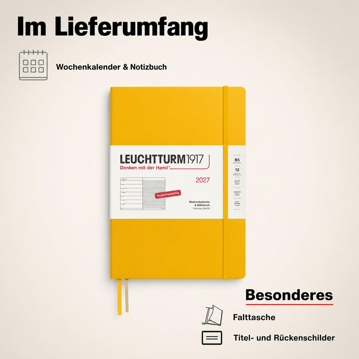 LEUCHTTURM1917 Weekly Calendar 2027 Composition (B5) with Notebook - German Diary, Sunflower, January-December 2027, Weekly Overview on the Left + Notes Page on the Right - 400041