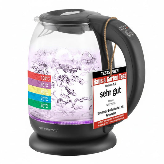 Fierbător EMERIO | CÂȘTIGĂTORUL TESTULUI Home & Garden Test 02/2019 | din sticlă borosilicată de înaltă calitate | cu selecție de temperatură (60-70-80-90-100°C) | Oprire automată și protecție la fierbere uscată și menținere la cald | 2200W | WK-119255.5