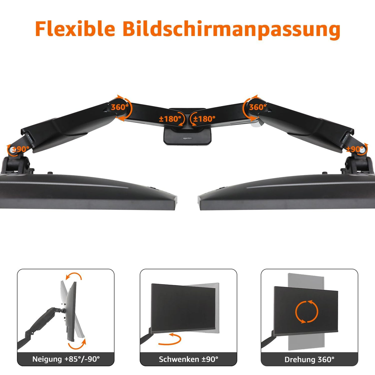 Amazon Basics Braț dublu pentru monitor cu arc pneumatic, montare pe birou, tensiune ajustabilă, pentru monitoare de 15–27 inch (38,1cm–68,6cm), suportă 2,0kg–7,0kg pe braț, VESA 75x75/100x100, negru - DS-MADDBE
