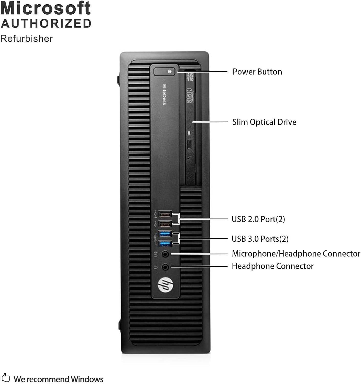 HP EliteDesk 800 G2 SFF Desktop PC, Intel Core i5-6500, 8 GB RAM, 256 GB SSD, US keyboard, WiFi, Bluetooth, Windows 11 Pro (refurbished)