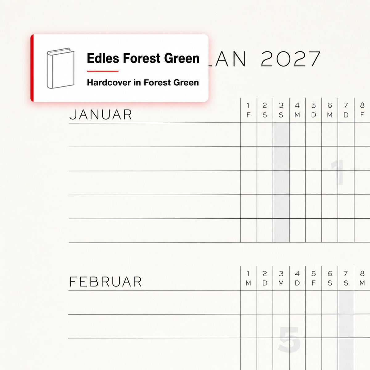 LEUCHTTURM1917 Calendar săptămânal 2027 punctat mediu (A5) cu caiet - Planificator de întâlniri german, verde pădure, ianuarie-decembrie 2027, prezentare generală săptămânală în stânga + pagină cu note în dreapta - 400095
