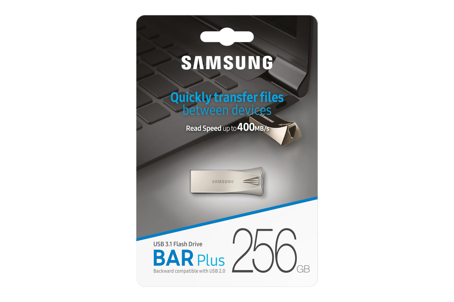 Samsung BAR Plus USB Flash Drive Type-A, 256GB, 400MB/s Read, 110MB/s Write, Durable USB 3.1 Memory Stick with Key Ring, Champagne Silver, MUF-256BE3/APC