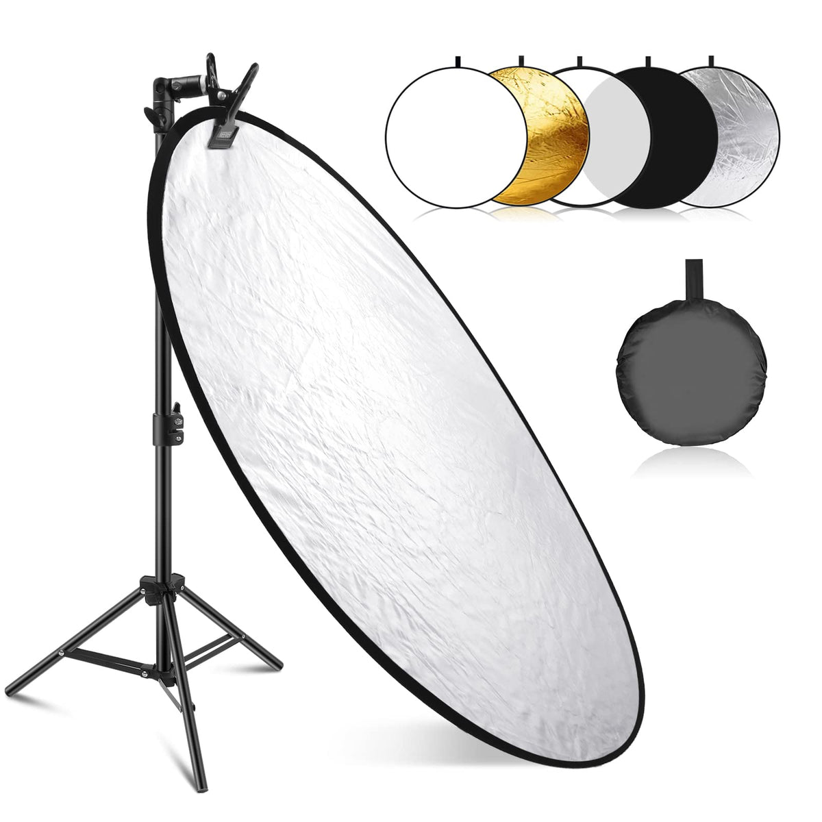 NEEWER 110cm light reflector set, 5 in 1 foldable round reflector (translucent/silver/gold/white/black) with clamp, mounting adapter and 53-110cm stand, for low angle children's photography - 10101016