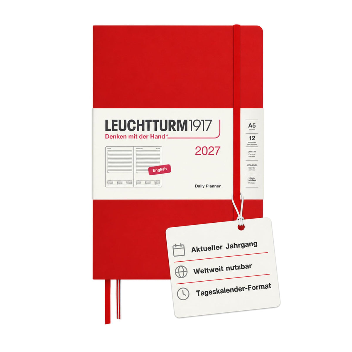 LEUCHTTURM1917 Daily Calendar 2027 Medium (A5) - English, Cherry, 145 x 210 mm, January-December (12 months), 1 page per day, hourly grid 7:00-22:00, hardcover, 80 g/m² paper - 400326