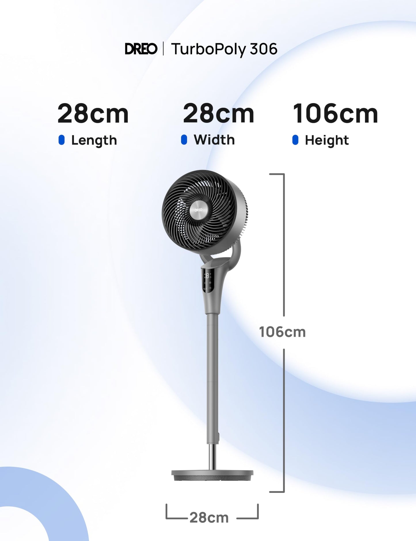 DREO Quiet Stand Fan for Bedroom [Improved], 27m Airflow, Quiet, 90° Oscillating, DC Motor, 8 Speeds, 3 Modes, 96-106cm Height Adjustable, 8H Timer, 105° Manual Tilt - DR-HPF013