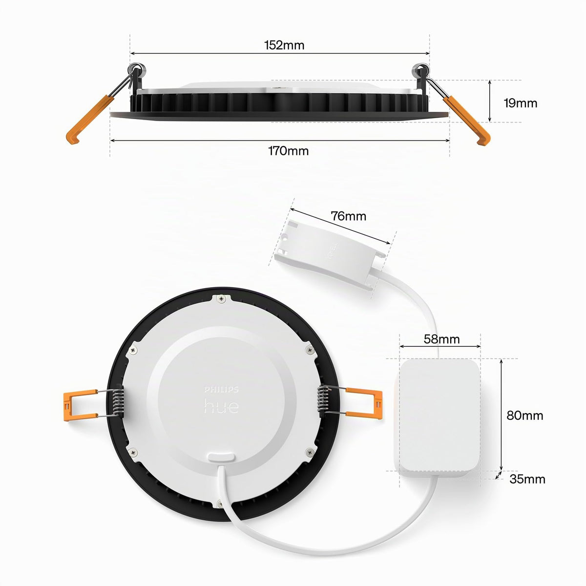 Philips Hue Slim Downlight, iluminare LED inteligentă, 1.000 lm, 90 mm, design subțire, lumină de zi cu spectru complet 1.000–20.000 K, extrem de dimabilă, culoare precisă, iluminare inteligentă, negru, pachet de 3. - 929004291301