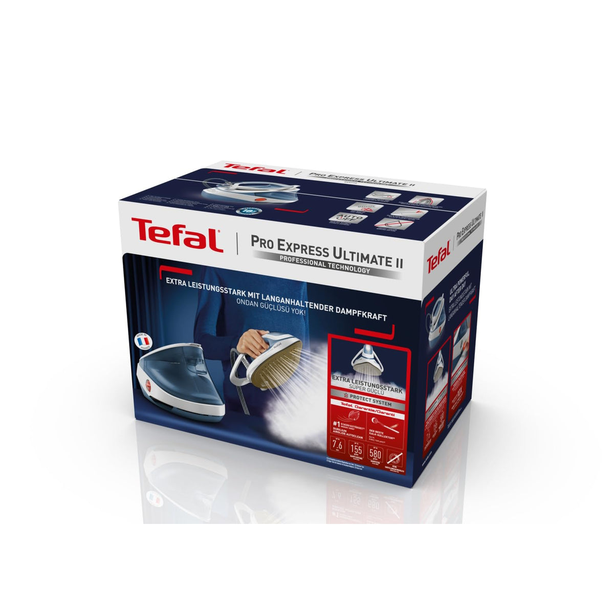 Tefal Pro Express Ultimate stație de călcat cu aburi, 7,6 Bar presiune a aburului, eliberare constantă a aburului: 155 g/min., impuls de abur: 580 g/min., fără setări, funcție de abur vertical, Alb/Albastru, GV9710