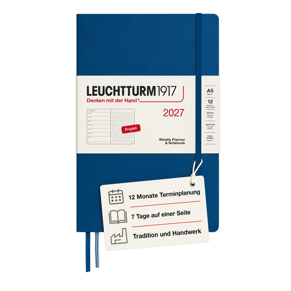 LEUCHTTURM1917 calendar săptămânal 2027 punctat mediu (A5) cu caiet, punctat - planificator de întâlniri engleză, indigo, hardcover, 145 x 210 mm, ianuarie-decembrie 2027, prezentare săptămânală în stânga + pagina de note în dreapta - 400263