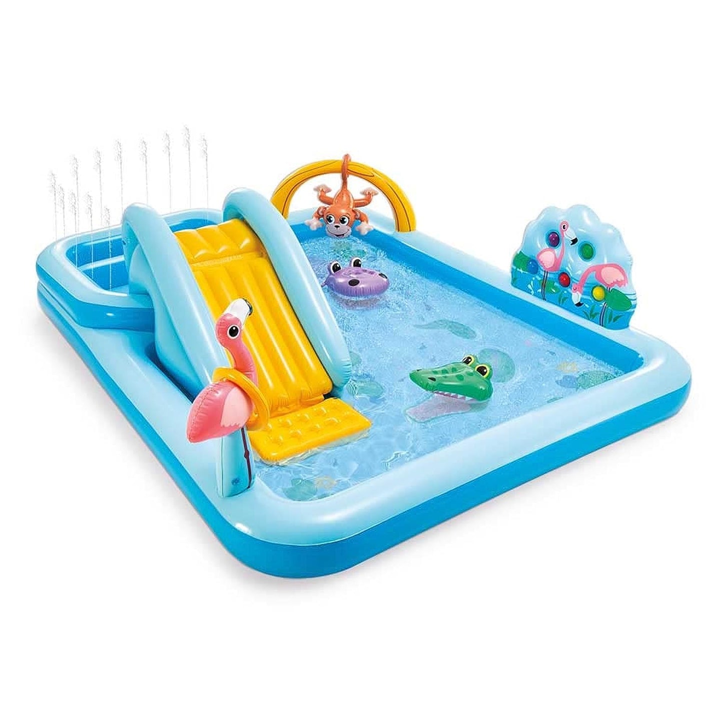 INTEX "Jungle Adventure Play" Inflatable Paddling Pool for Children Children's Pool Set 244 x 198 x 71cm Jungle World Flamingo, Crocodile, Hippopotamus & Monkey, Rain Shower & Slide, 550 l (57161NP)