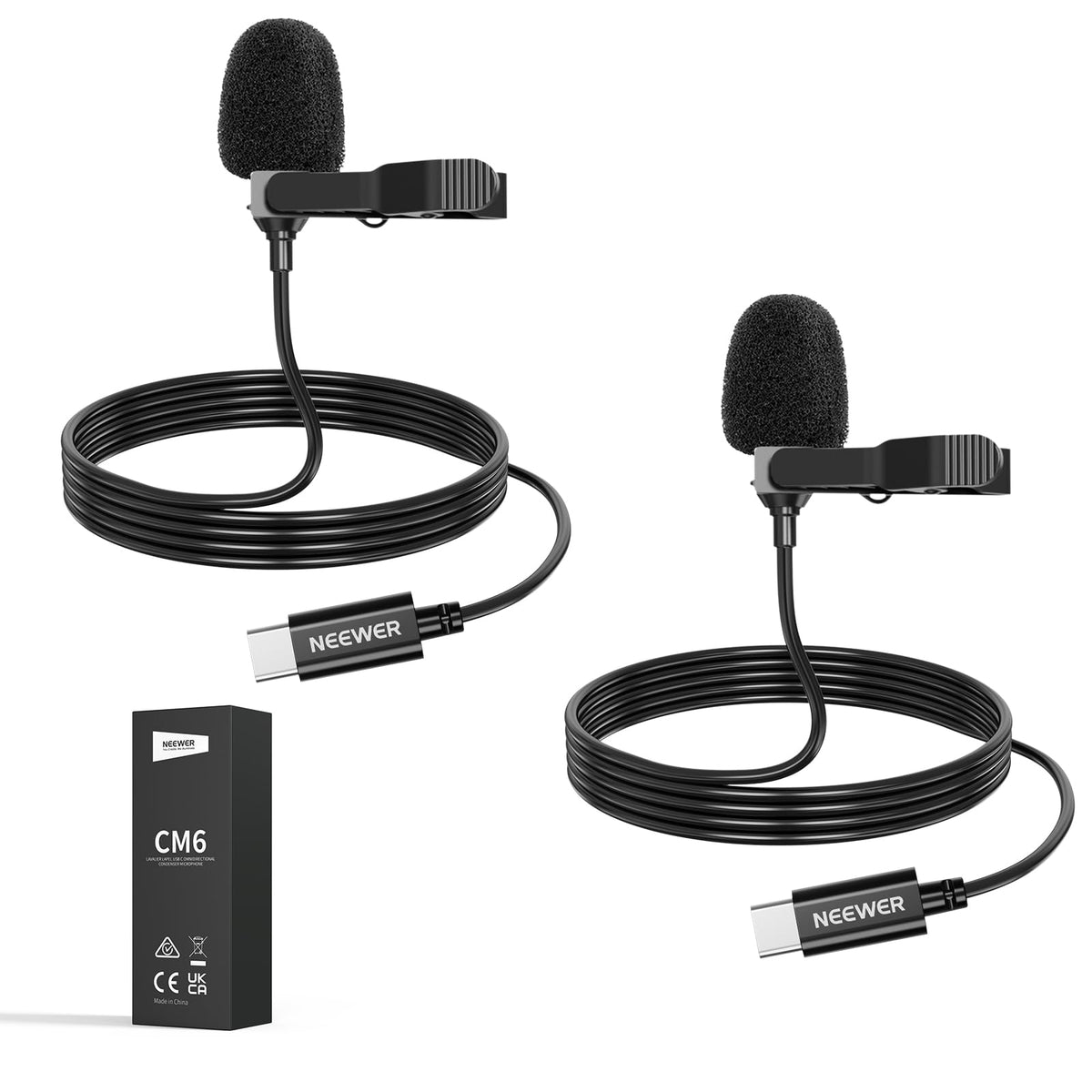 NEEWER Mini USB C Lavalier Microphone 2-Pack Compatible with iPhone 16 15 Pro Max Android Phones Tablets PC, Clip-on Omnidirectional Condenser Lapel Microphone with 2m/6.6ft Cable - B0DMCZJFYS