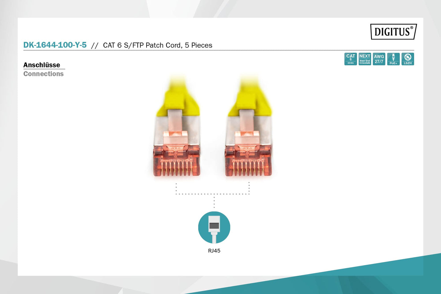 DIGITUS LAN cable Cat 6 – 10 m – 5 pieces – S/FTP shielded – yellow - DK-1644-100-Y-5