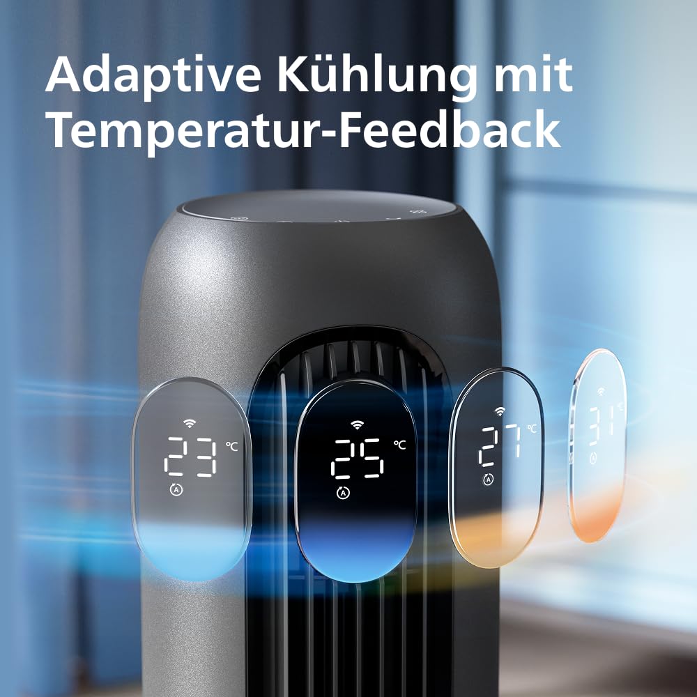 Philips Smart Tower Fan 7000 Series - 8.4 m/s strong, ultra-quiet 22 dB, energy efficient, app & remote control, WiFi, 12 levels, sleep mode, temp display, 12-hour timer, 80° oscillation (CX7550/01)