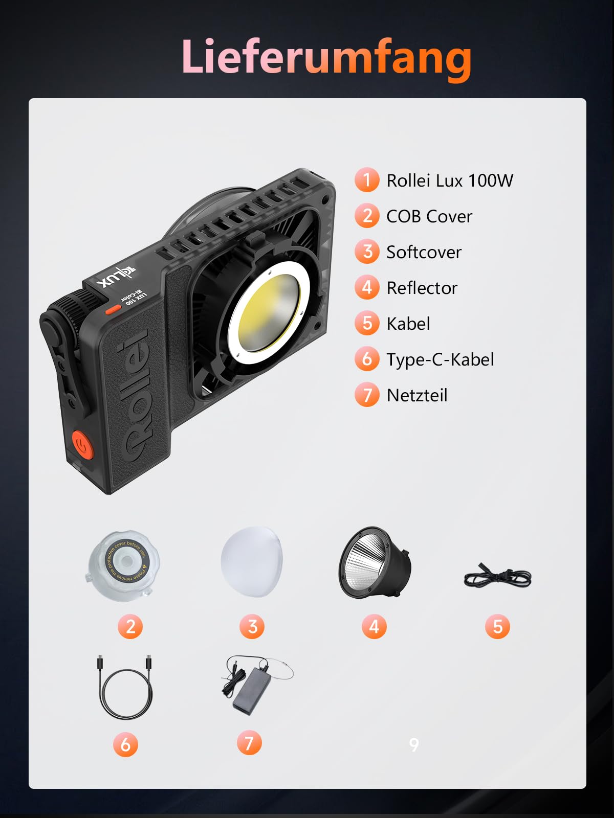 Rollei LUX 100W RGB Professional LED Continuous Light Photography Candela APP Smart Operation, Photo Light Ultra Flat & Light | Dual power supply | Adjustable color temperature 2700 – 6500K - 23126