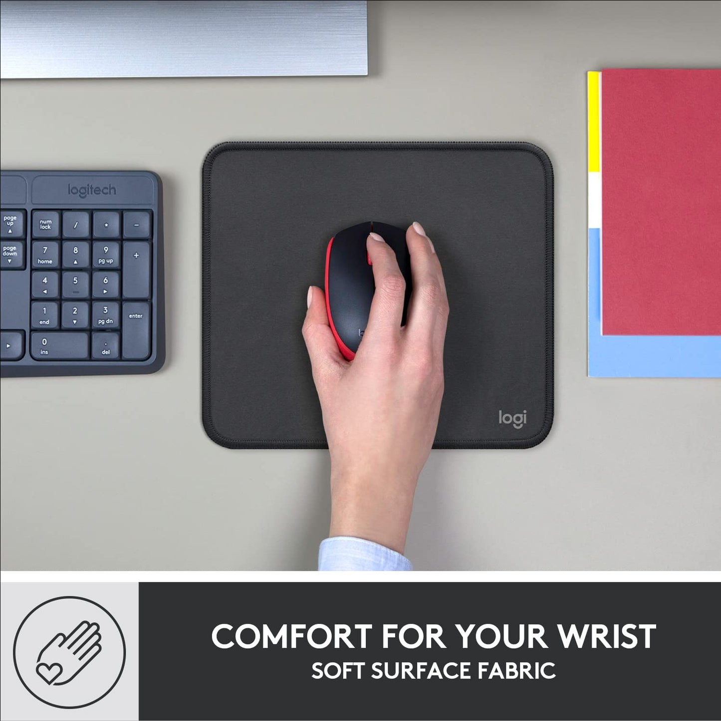 Logitech Mouse Pad - Studio Series, Computer Mouse Pad with Anti-Slip Rubber Base, Easy Gliding, Splash-Proof, Durable Materials, Portable, Fresh Modern Design - Gray - 956-000049