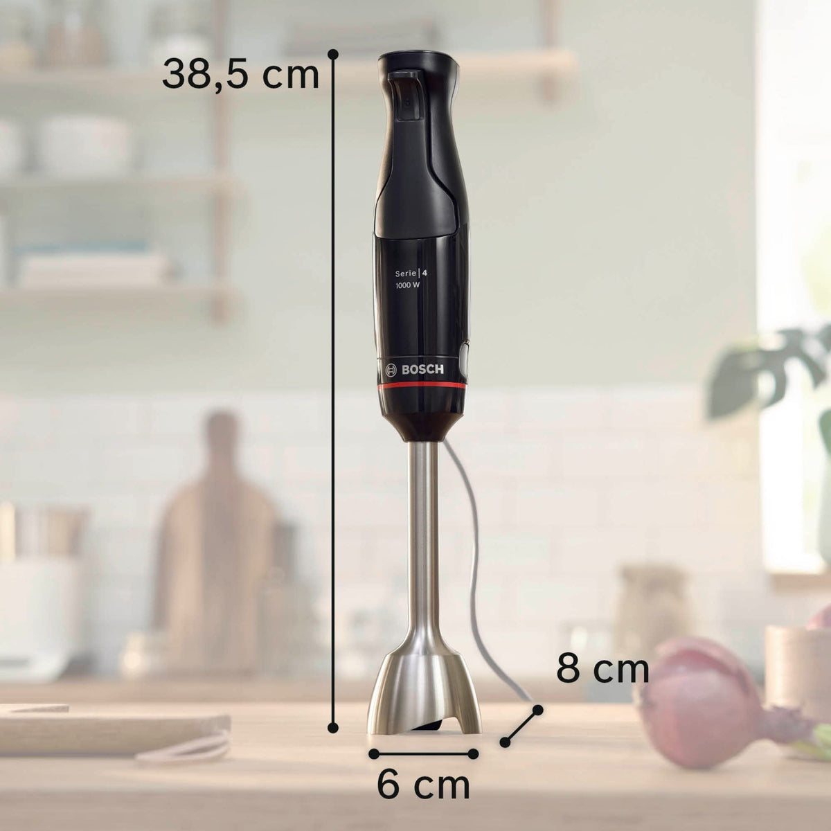 Bosch ErgoMaster Series 4 Hand Blender, with chopper, mixing/measuring cup, stainless steel blades, durable, wear-free ceramic coupling, 1000 Watts, black, MSM4B620
