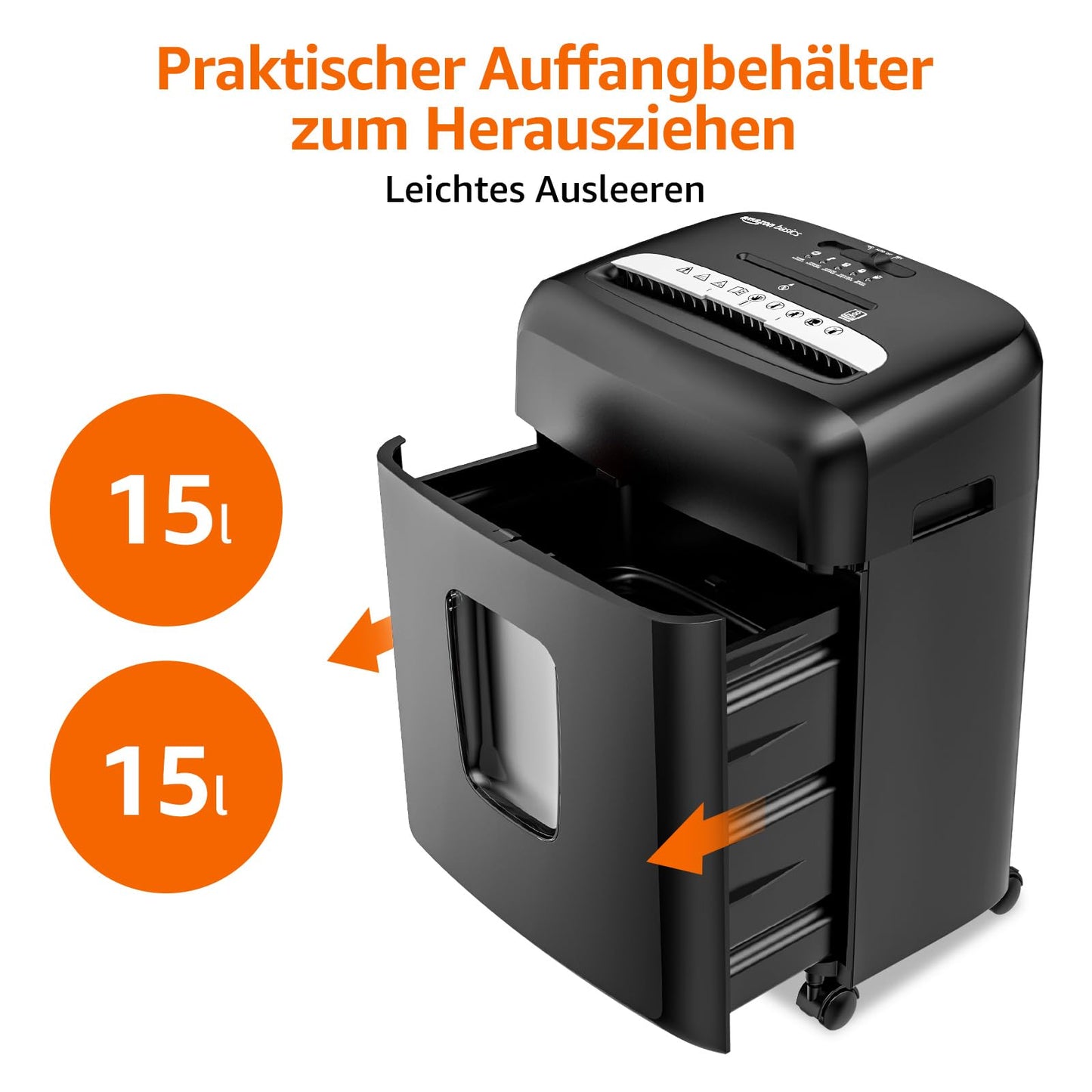 Amazon Basics document shredder with microparticle cut, 8 sheets, with transparent viewing window, for documents, CDs and credit cards, 15l collection container, black - C217-C