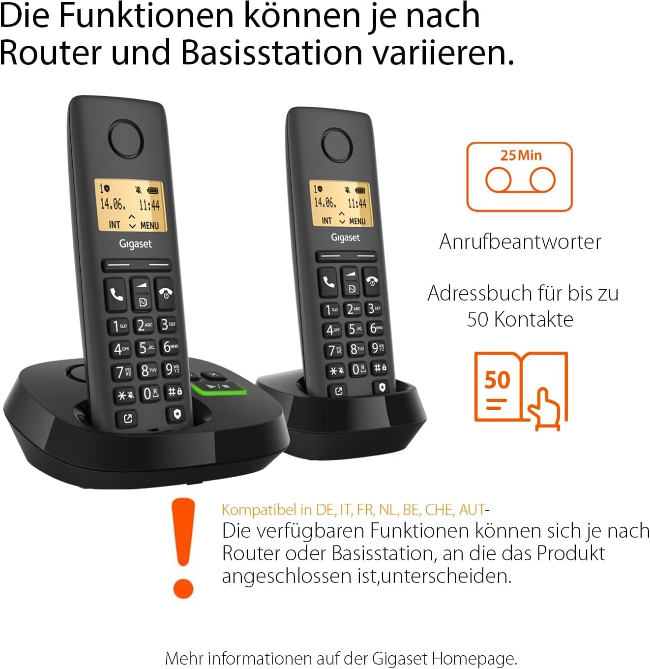 Gigaset PURE 120A Duo - 2 cordless telephones with answering machine - ECO DECT - call protection - illuminated display - hearing aid compatible, anthracite black [Compatible in DE, IT, FR, NL, BE, Che, AUT] - L36852-H3125-R143