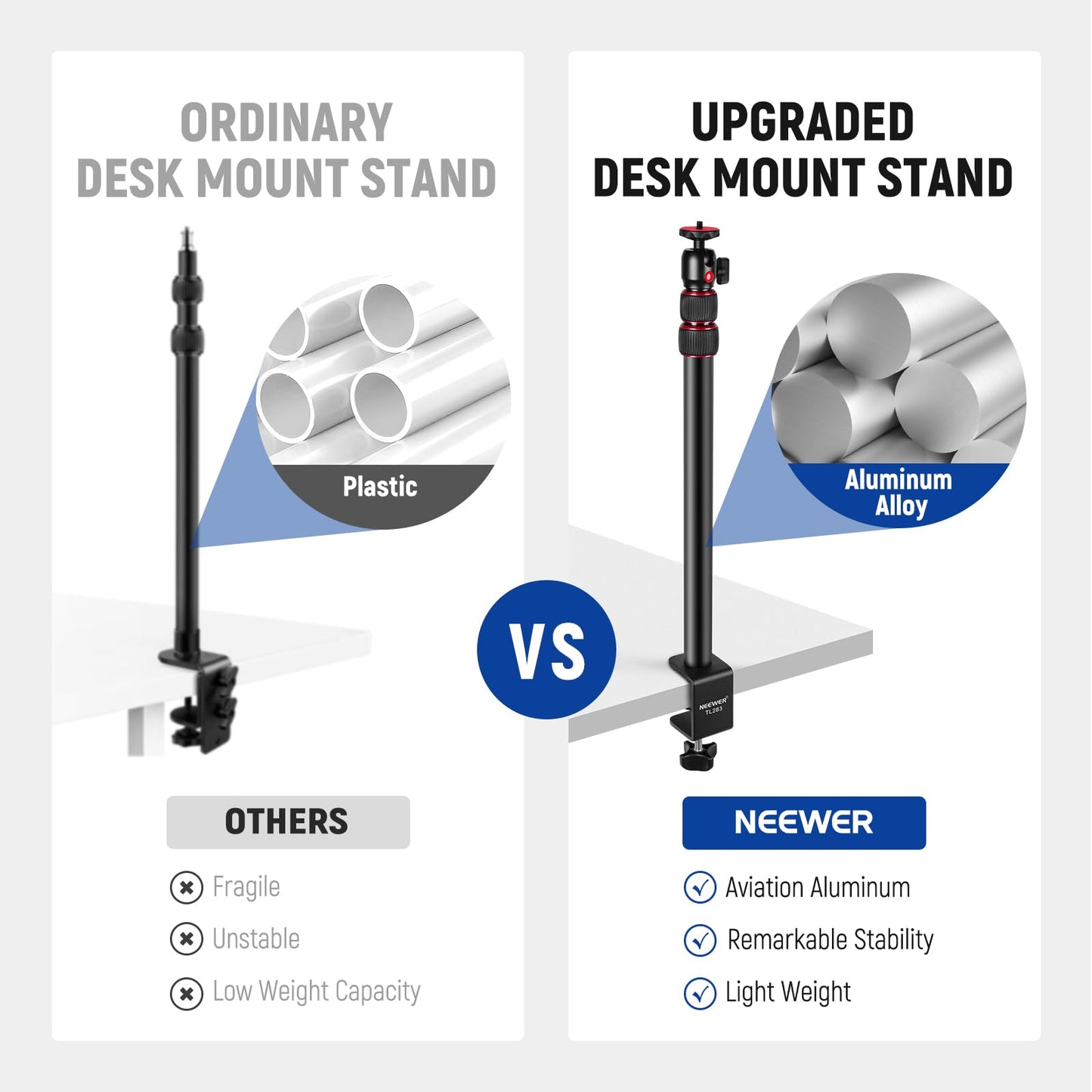 NEEWER camera table tripod light stand with phone holder and 360° ball head, 43-102cm telescope C clamp 1/4" screw, max. load 3kg, table camera holder for DSLR webcam ring light, TL283 - 10103934