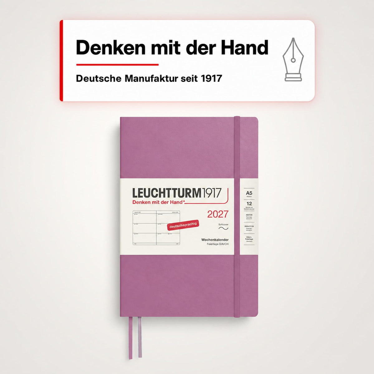LEUCHTTURM1917 Calendar săptămânal 2027 Mediu (A5) - German, Dusty Rose, Softcover, 145 x 210 mm, 12 luni - ianuarie-decembrie 2027, 1 săptămână pe pagină dublă, hârtie de 80 g/m² cu compatibilitate ridicată cu cerneală - 400127