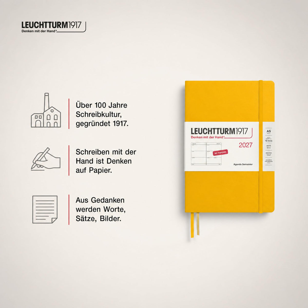 LEUCHTTURM1917 Calendar săptămânal 2027 mediu (A5) - franceză, floarea soarelui, copertă cartonată, 12 luni - ianuarie-decembrie 2027, 1 săptămână pe pagină dublă cu compatibilitate ridicată cu cerneală - 400404