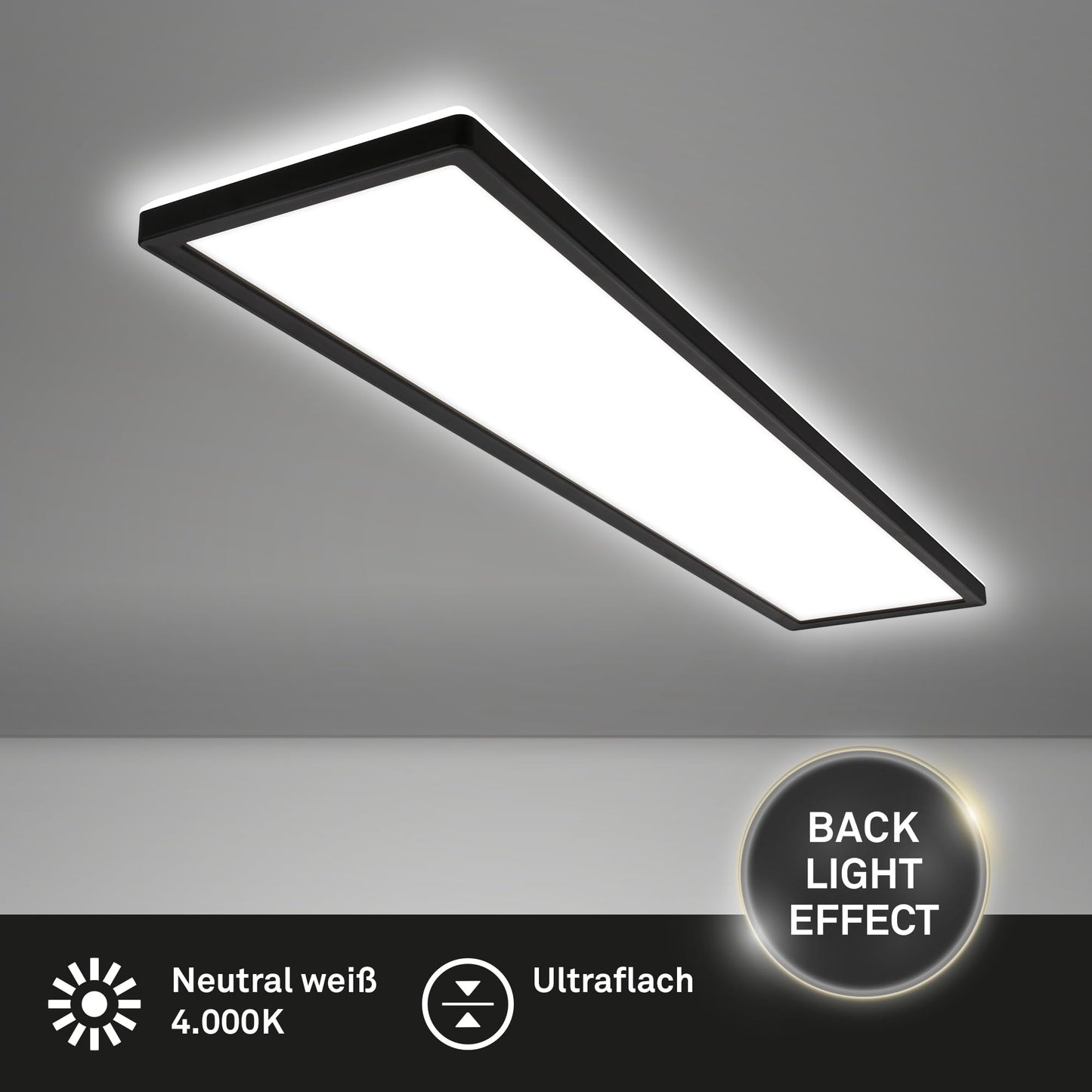 BRILONER - LED ceiling lamp 98cm with indirect light, 3cm flat, 36W 4800lm, neutral white light, lamp, ceiling light, living room lamp, LED panel, kitchen lamp, ceiling lighting, 98x20cm, black - 7519415