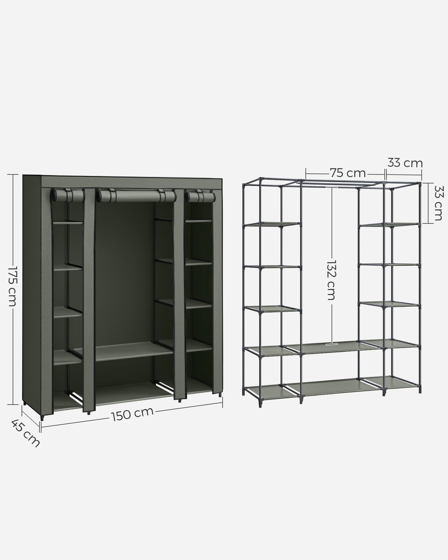 SONGMICS wardrobe, fabric wardrobe, with non-woven fabric cover, folding wardrobe with clothes rail, 45 x 150 x 175 cm, 12 shelves, metal frame, wardrobe for bedroom, sage green LSF003C02