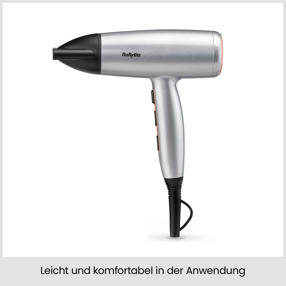 BaByliss Cosmos Uscător de păr ușor cu difuzor – 2100W Uscător puternic și elegant, tehnologie cu ioni împotriva frizz-ului, 3 niveluri de căldură și 2 viteze ale ventilatorului, argintiu, D580DE