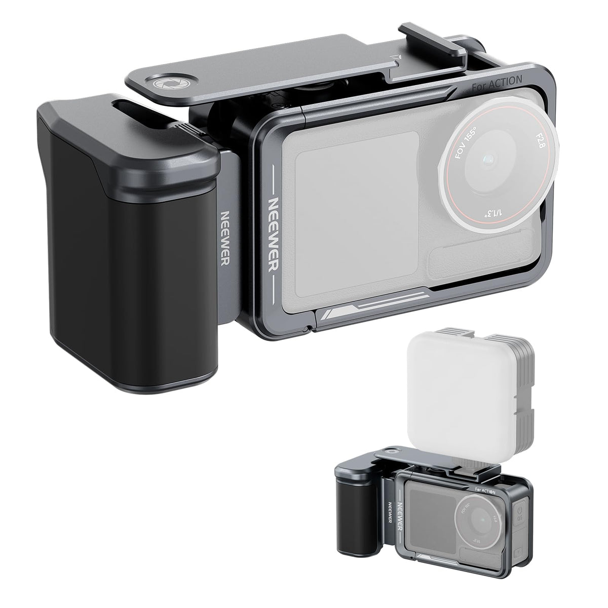 NEEWER Cage and Side Handle Set Compatible with DJI Osmo Action 5 Pro / 4/3, Metal Guard with Magnetic Adapter Mount, Cold Shoe Shutter Extender Bar, Dark Gray, AC014+AC034