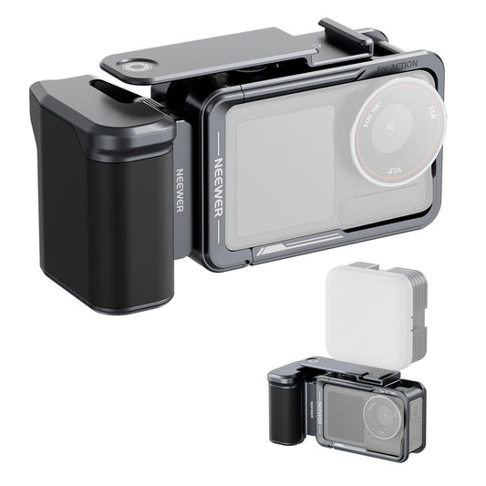 Set cușcă și mâner lateral NEEWER compatibil cu DJI Osmo Action 5 Pro / 4/3, protecție metalică cu suport adaptor magnetic, bară de prelungire a obturatorului pentru încălțăminte rece, gri închis, AC014+AC034