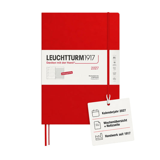 LEUCHTTURM1917 Weekly Calendar 2027 A4+ (Master) with Notebook - German Appointment Planner, Cherry, January-December 2027, Weekly Overview on the Left + Notes Page on the Right - 400037
