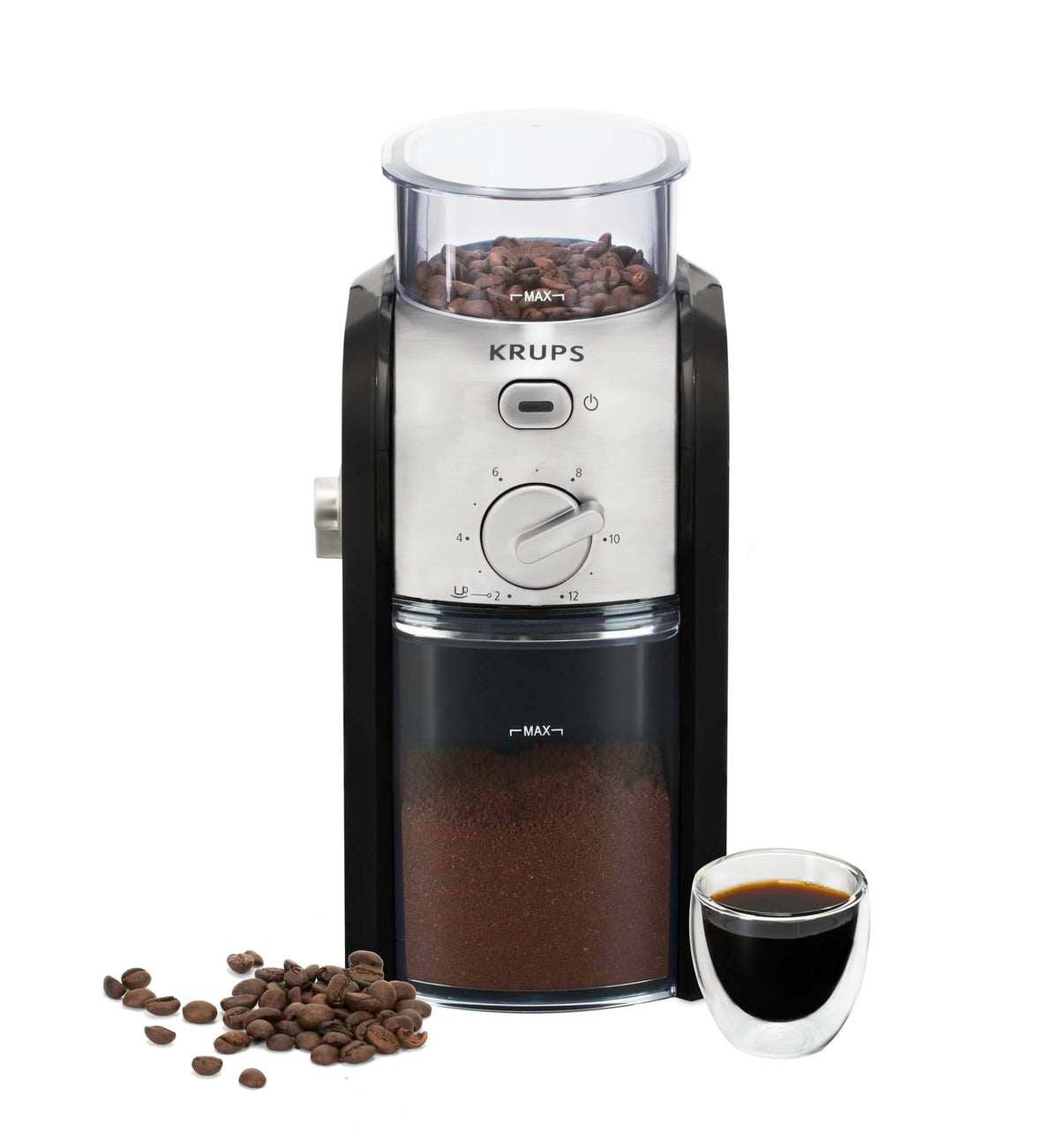 Krups electric coffee grinder with grind size and cup quantity selection, stainless steel conical burr grinder, 17 different settings, large filling opening with safety lid, espresso grinder, black, GVX212 - GVX242