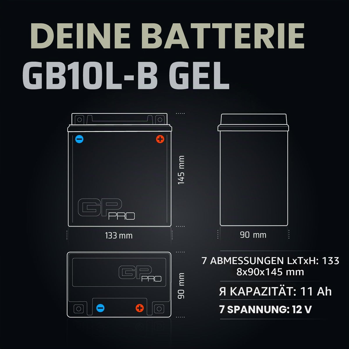 GP-PRO Gel-Batterie GB10L-B 12 V 11 Ah pentru scutere și motociclete - GP-031