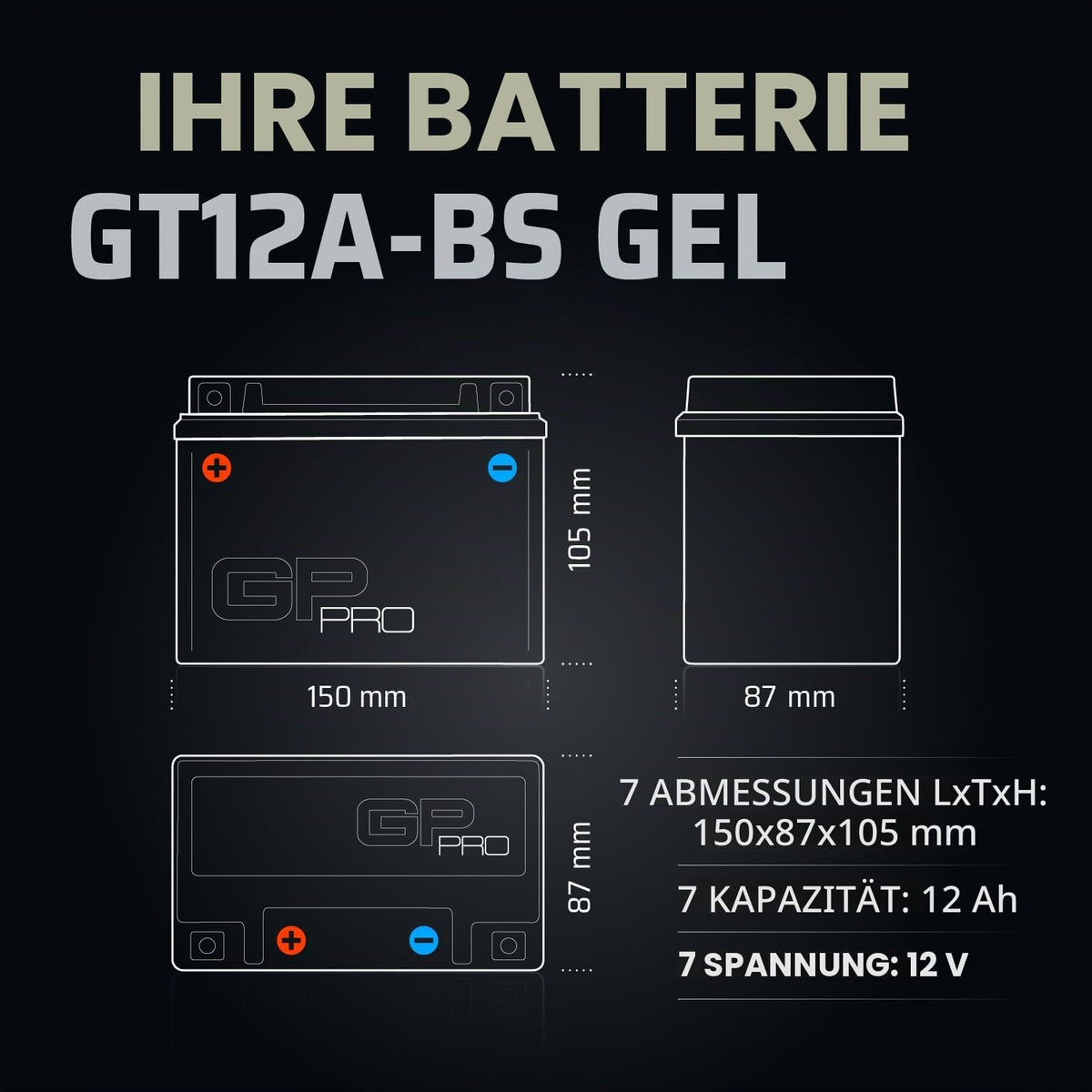 GP-PRO gel battery GT12A-BS 12 V 12 Ah compatible with Piaggio Hexagon LXT - GP-026