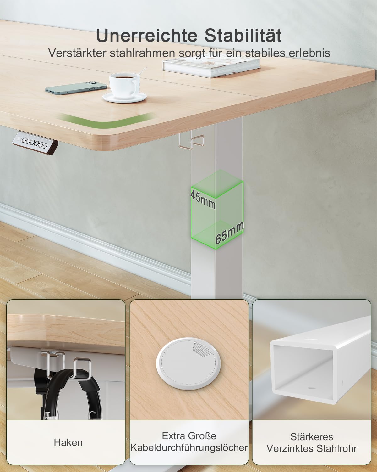 JUMMICO Birou reglabil pe înălțime cu port de încărcare USB, birou reglabil pe înălțime electric 100 x 60 cm, masă stand-sit, birou standing, masă reglabilă pentru computer, birou standing, bej - 0403