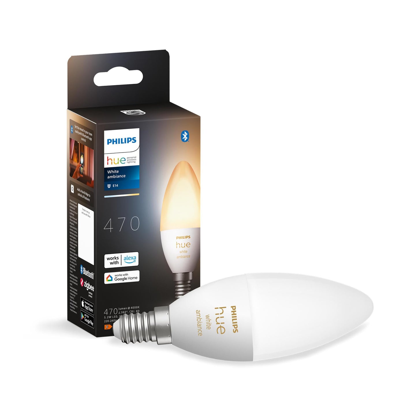 Philips Hue White Ambiance E14 lamp single pack 470, dimmable, warm to cool white light, controllable via app, compatible with Amazon Alexa (Echo, Echo Dot), pack of 1 - 929002294407