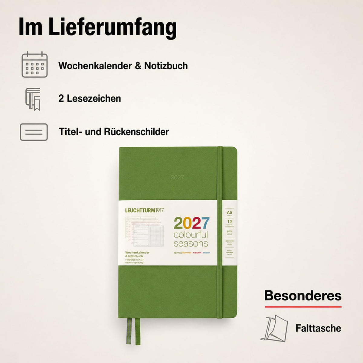 LEUCHTTURM1917 Calendar săptămânal și caiet cu punct mediu (A5) 2027, anotimpuri colorate, verde, engleză Prezentare generală a calendarului cu coperți cartonate 2026/2027/2028, prezentare generală a planificării 01.27-12.28, planificator de proiecte,
