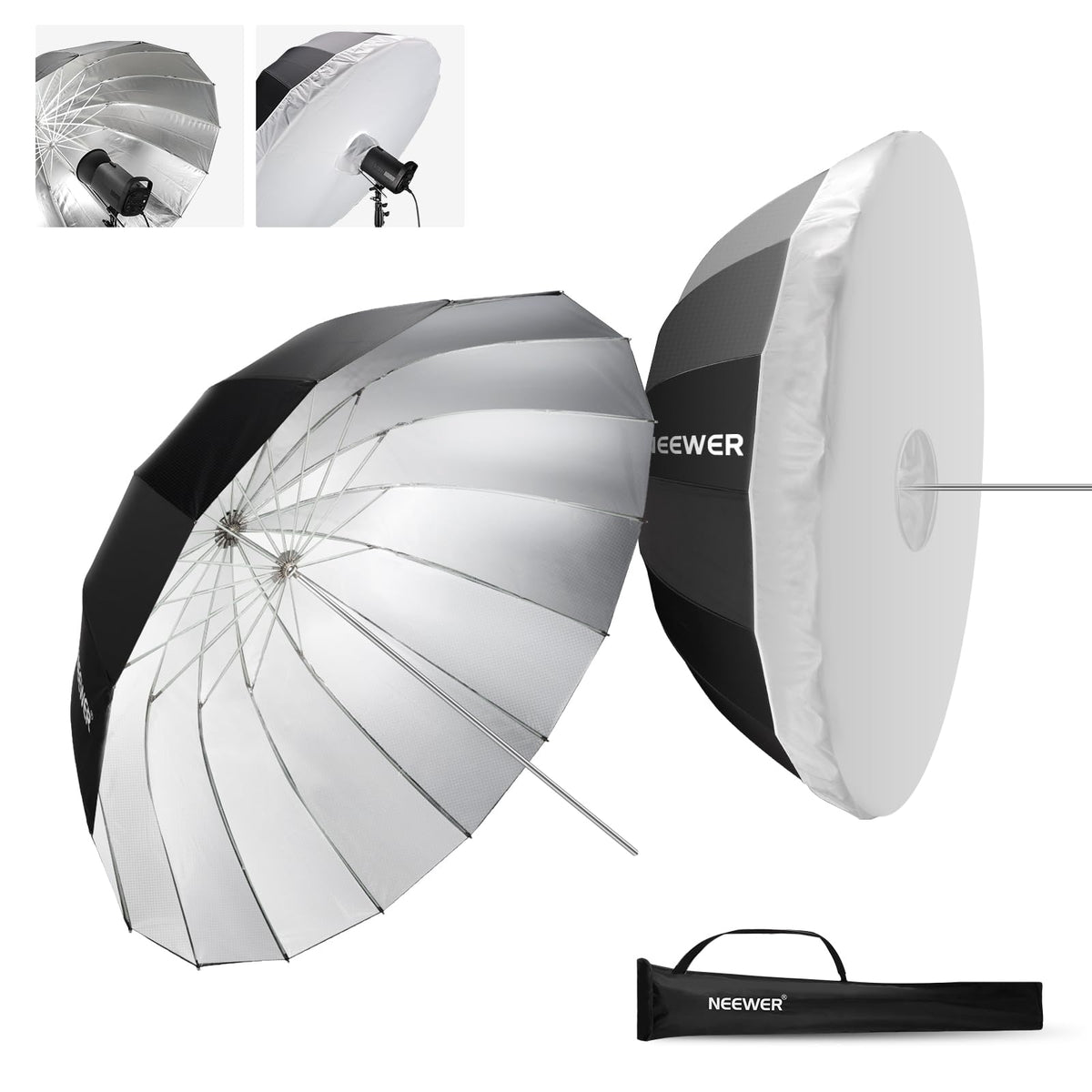 NEEWER 104cm Parabolic Reflective Umbrella for Photography, Studio Umbrella with Silver Interior, Soft Lighting with Diffuser Cover, Bag, Quick-Folding for Camera, Video Light, NS1U - 10103469