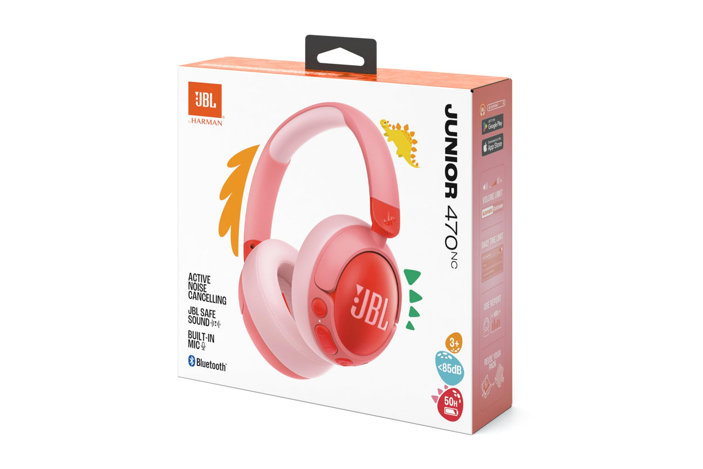 JBL Junior 470 NC, wireless over-ear Bluetooth headphones with active noise canceling for children, microphone, 50 h playback, JBL Safe Sound, low volume, simple operation and stickers, pink - JBLJR470NCPIK