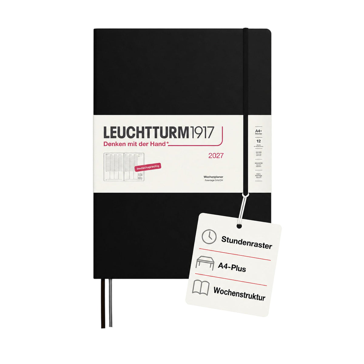 LEUCHTTURM1917 planificator săptămânal 2027 A4+ (Master) - germană, negru, 315 x 225 mm, ianuarie-decembrie (12 luni), prezentare generală săptămânală cu grilă orară 7:00-22:00 per coloană, copertă cartonată, hârtie de 100 g/m² - 400140