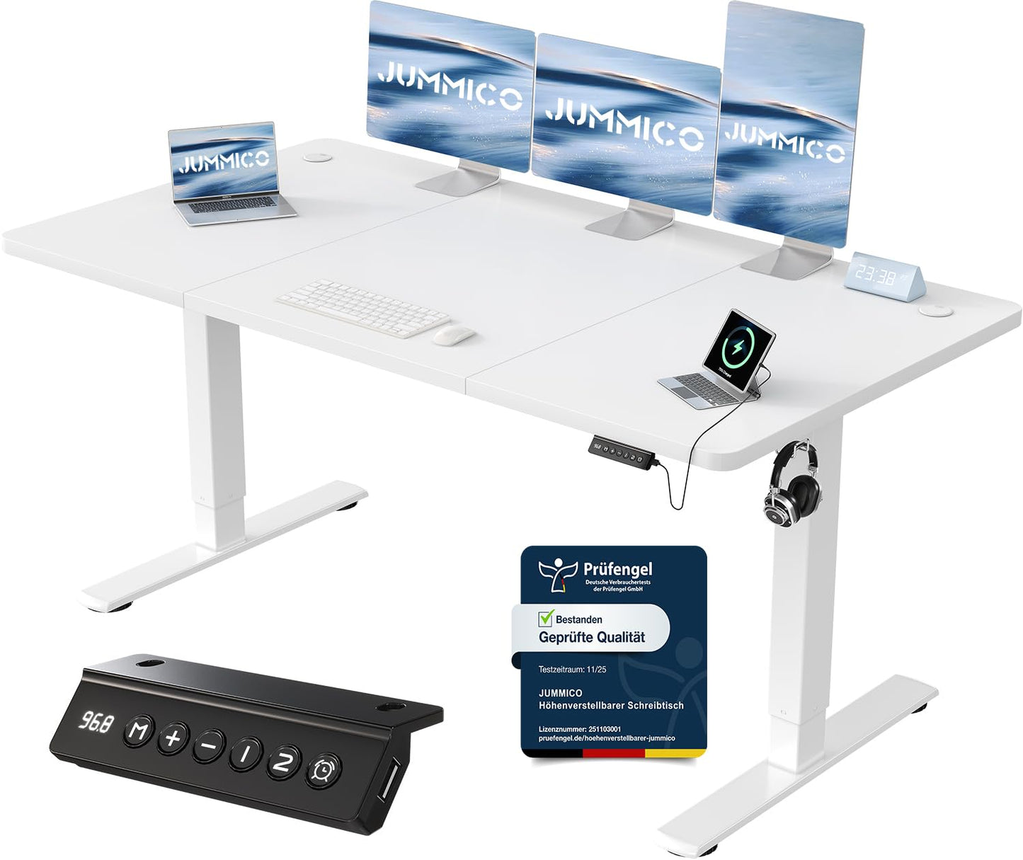 JUMMICO Birou reglabil pe înălțime cu port de încărcare USB, birou electric reglabil pe înălțime 160 x 70 cm, masă pentru stat în picioare sau șezut, birou pentru stat în picioare, masă de calculator reglabilă, birou reglabil, alb - 0403